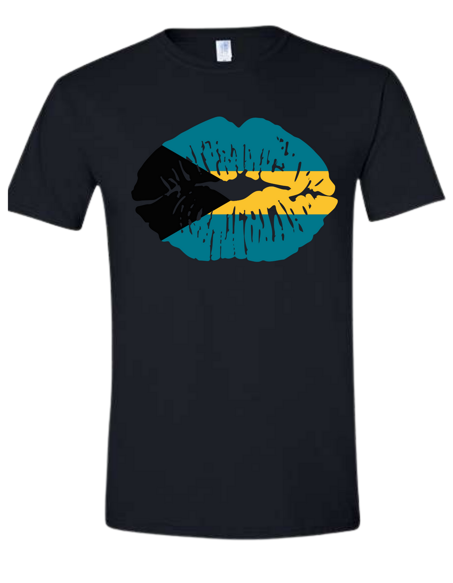 Black t-shirt with lips with Bahamas flag in it with black, yellow and blue