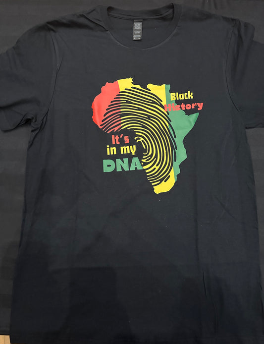 Black shirt with red, yellow and green Africa with a fingerprint running through with the words black history is yellow and red on the top left and bottom right text It’s in my DNA in red, yellow and green text. Melanin apparel.