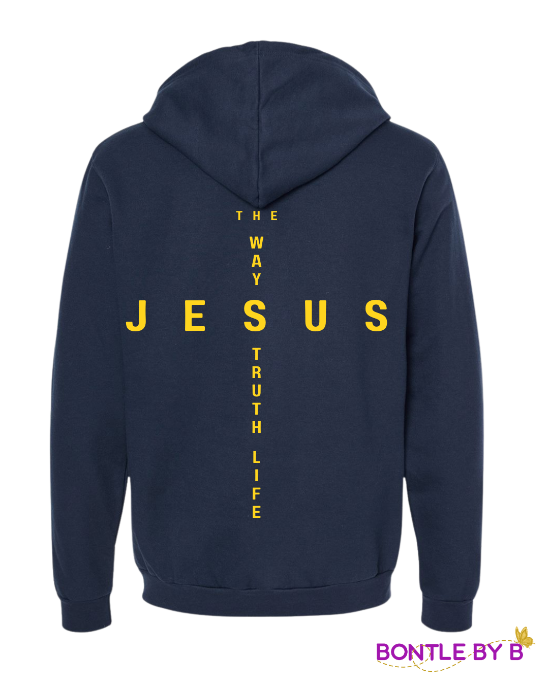 Navy Blue Christian Zip-Up Hoodie – John 14:6 “Jesus The Way, Truth, Life” Cross Design in Yellow