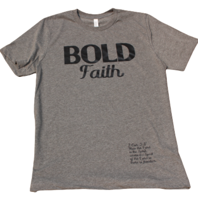 Bold Faith Grey with Black Text with 2 Corinthians 3:17 on the lower left hip.  Christian apparel
