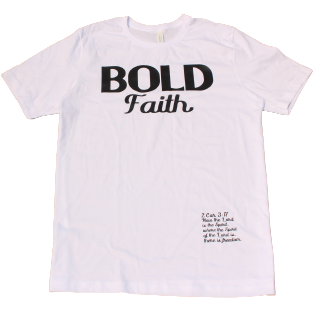 Bold faith black text on white shirt with 2 Corinthians 3:17 on the lower left corner in black. Christian apparel.