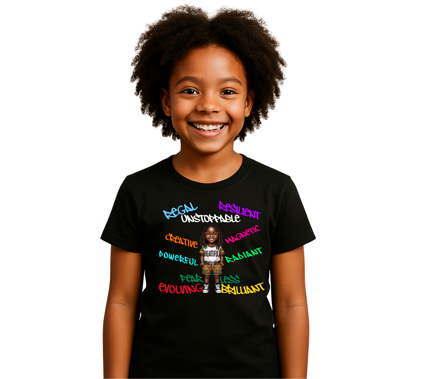 black little girl wearing a black shirt with a black girl with dreads wearing a white tee with african print sleeves and african print pants and hightops to match with words Regal, stoppable, resilient, creative, magnetic, powerrful, radiant, fearless, evolving and brilliant in various colours