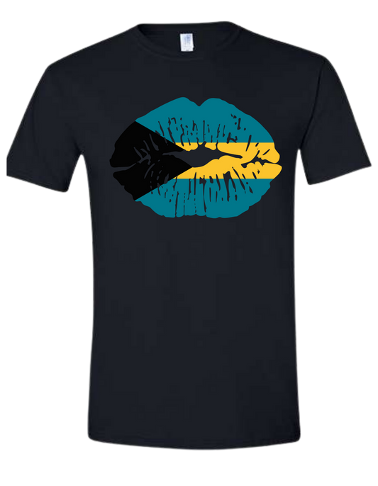 Black t-shirt with lips with Bahamas flag in it with black, yellow and blue