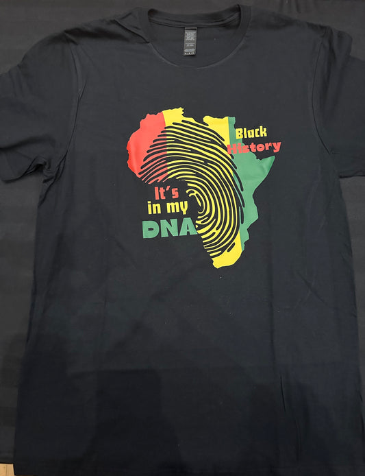 Black shirt with red, yellow and green Africa with a fingerprint running through with the words black history is yellow and red on the top left and bottom right text It’s in my DNA in red, yellow and green text. Melanin apparel. 