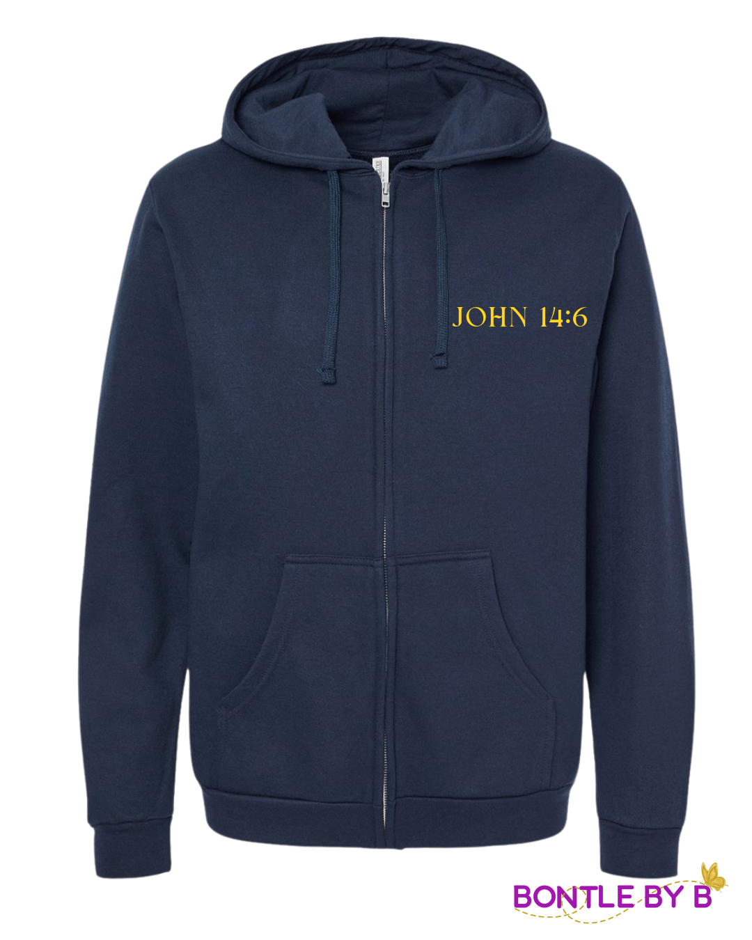 Navy Blue Christian Zip-Up Hoodie – John 14:6 “Jesus The Way, Truth, Life” Cross Design in Yellow