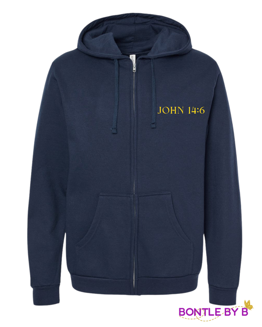 Navy Blue Christian Zip-Up Hoodie – John 14:6 “Jesus The Way, Truth, Life” Cross Design in Yellow