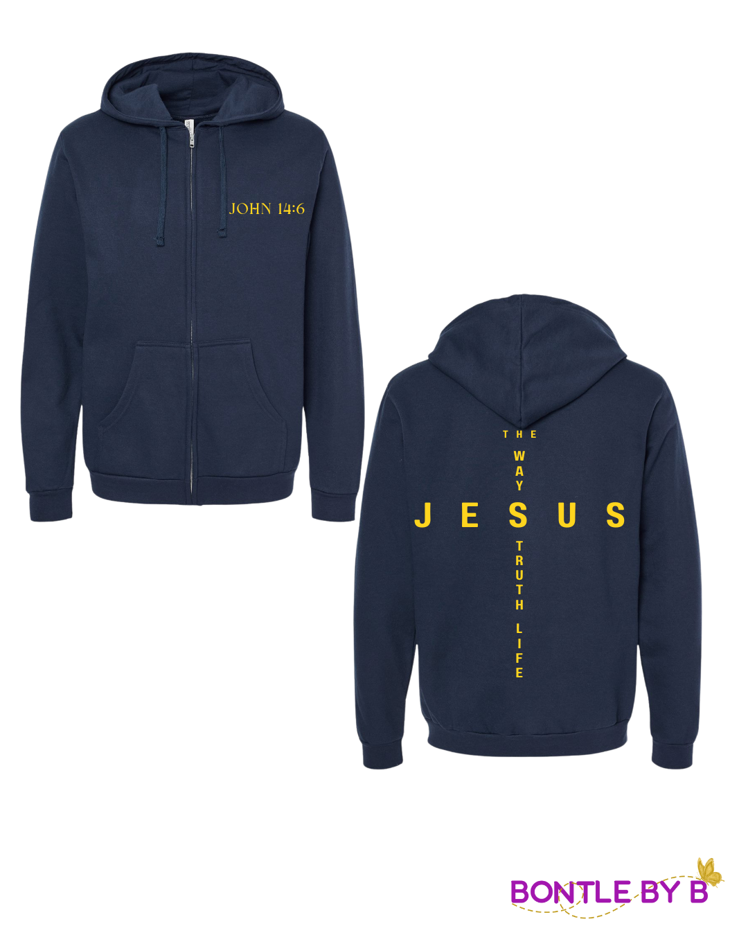 Navy Blue Christian Zip-Up Hoodie – John 14:6 “Jesus The Way, Truth, Life” Cross Design in Yellow
