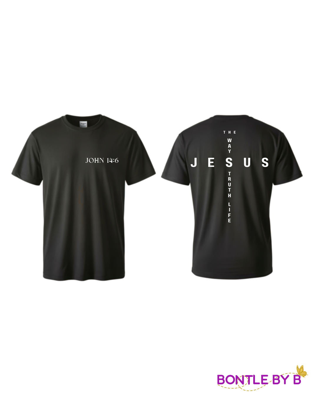 Black Christian Tee – John 14:6 “Jesus The Way, Truth, Life” Cross Design