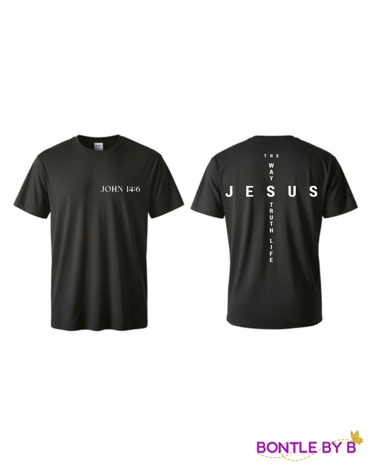 Black Christian Tee – John 14:6 “Jesus The Way, Truth, Life” Cross Design