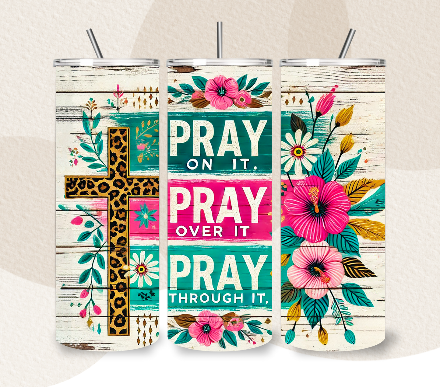 Pray On It 20oz Faith Tumbler | Leopard Cross Christian Travel Mug
