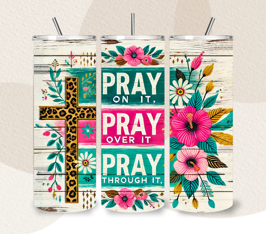 Pray On It 20oz Faith Tumbler | Leopard Cross Christian Travel Mug